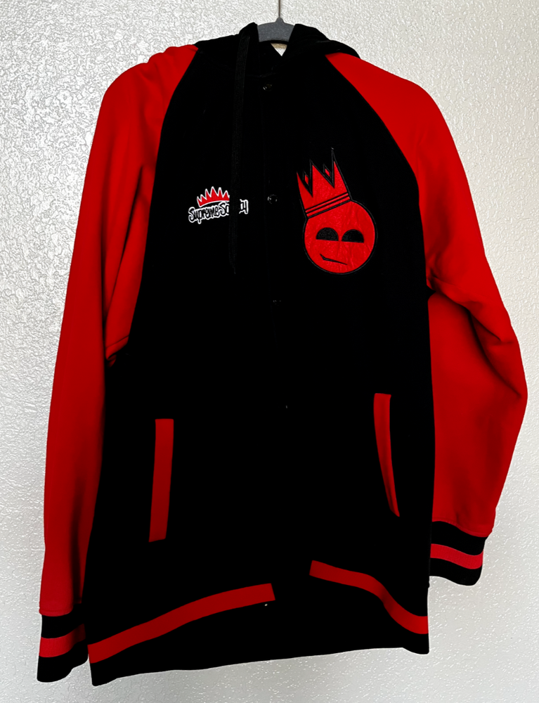SUPREME SOCIETY Jacket Men's XL Red Black Varsity Hooded Snap Logo Long Sleeves