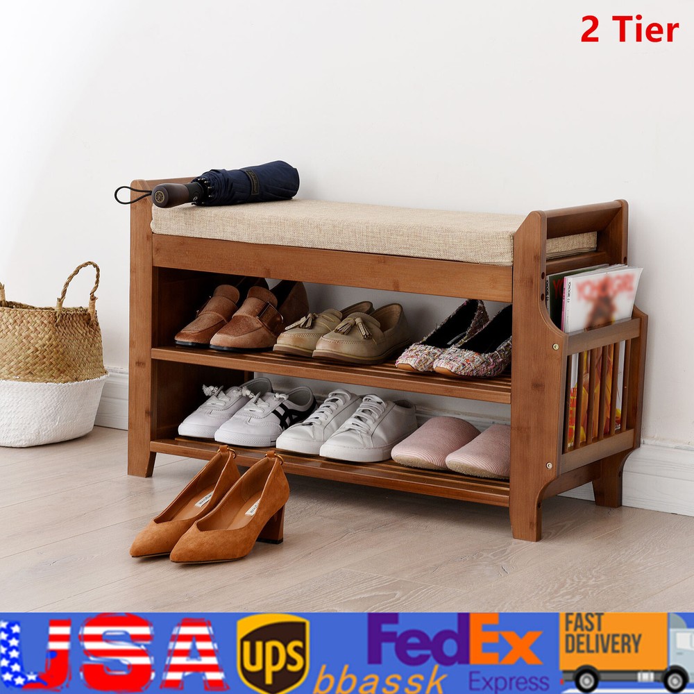 2-Tier Bamboo Shoe Bench with Cushion - Entryway Storage Organizer