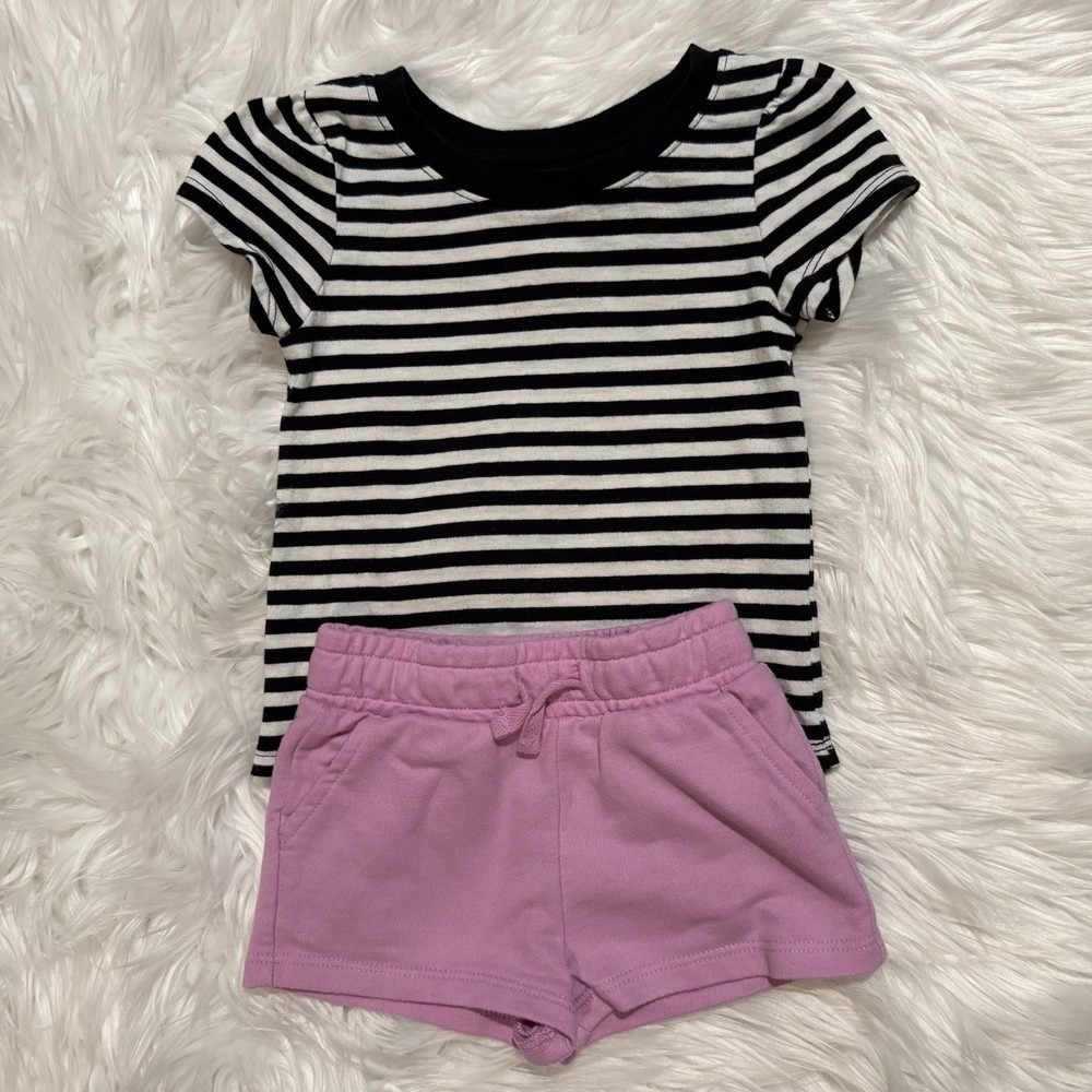 Cat & Jack Outfit Set Toddler Girls 18M Black White Striped T-Shirt Pink Shorts