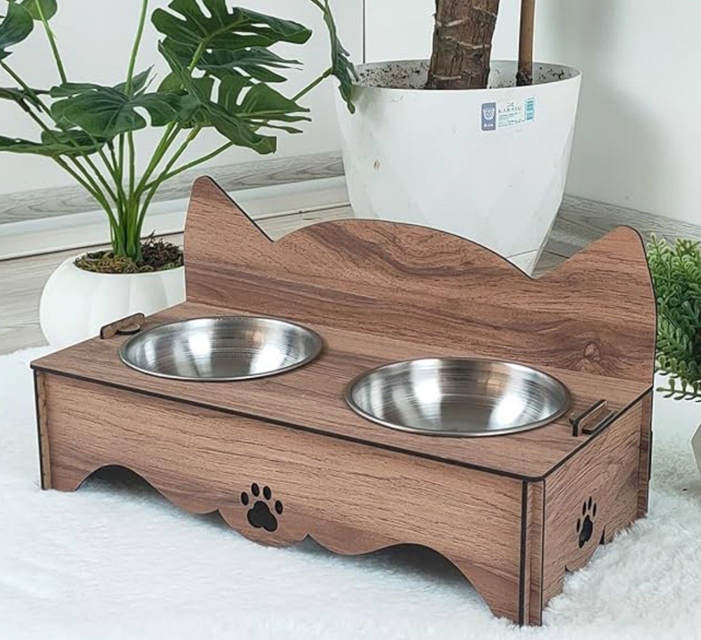 Elevated Cat Dog Food Feeding Stand Station Stainless Double Raised Bowl Wooden