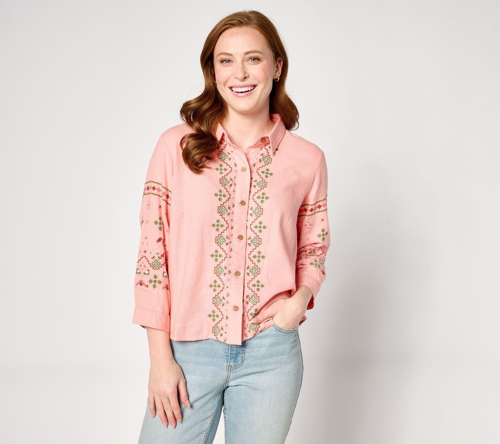 Denim & Co. Women's Top Plus Sz 1X Canyon Retreat Oasis Embroidered Pink A642463