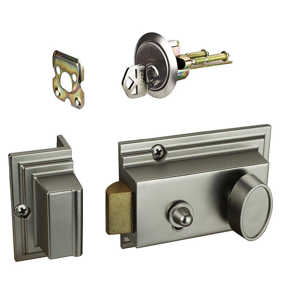 Satin Nickel Deadbolt Lock with Night Latch and Holdback Button Single Cylinder