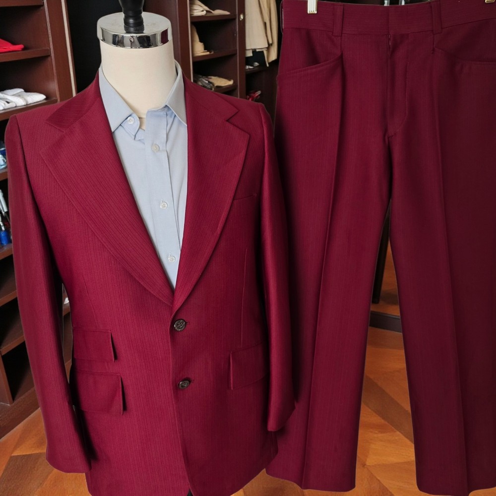 Vtg 1970s Suit 40R 33x30 Wide Lapel Flare Leg Tailored Drop 7 Ticket Pocket Poly