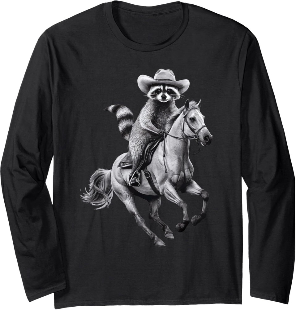 Funny Raccoon Riding A Horse Funny Western Long Sleeve T-Shirt