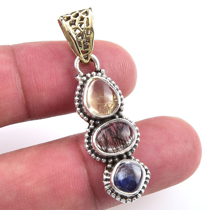 Natural Black Rutile,Citrine 925 Solid Sterling Silver Gift Pendant 1.75