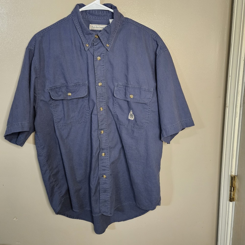 Vintage Bugle Boy Men's Blue Collar Button Up Shirt Short Sleeve, Large