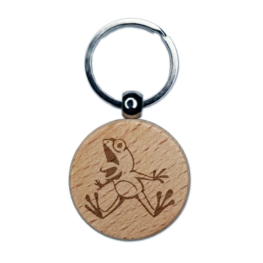 Frog Leaping from Shock and Surprise Engraved Wood Round Keychain Tag Charm
