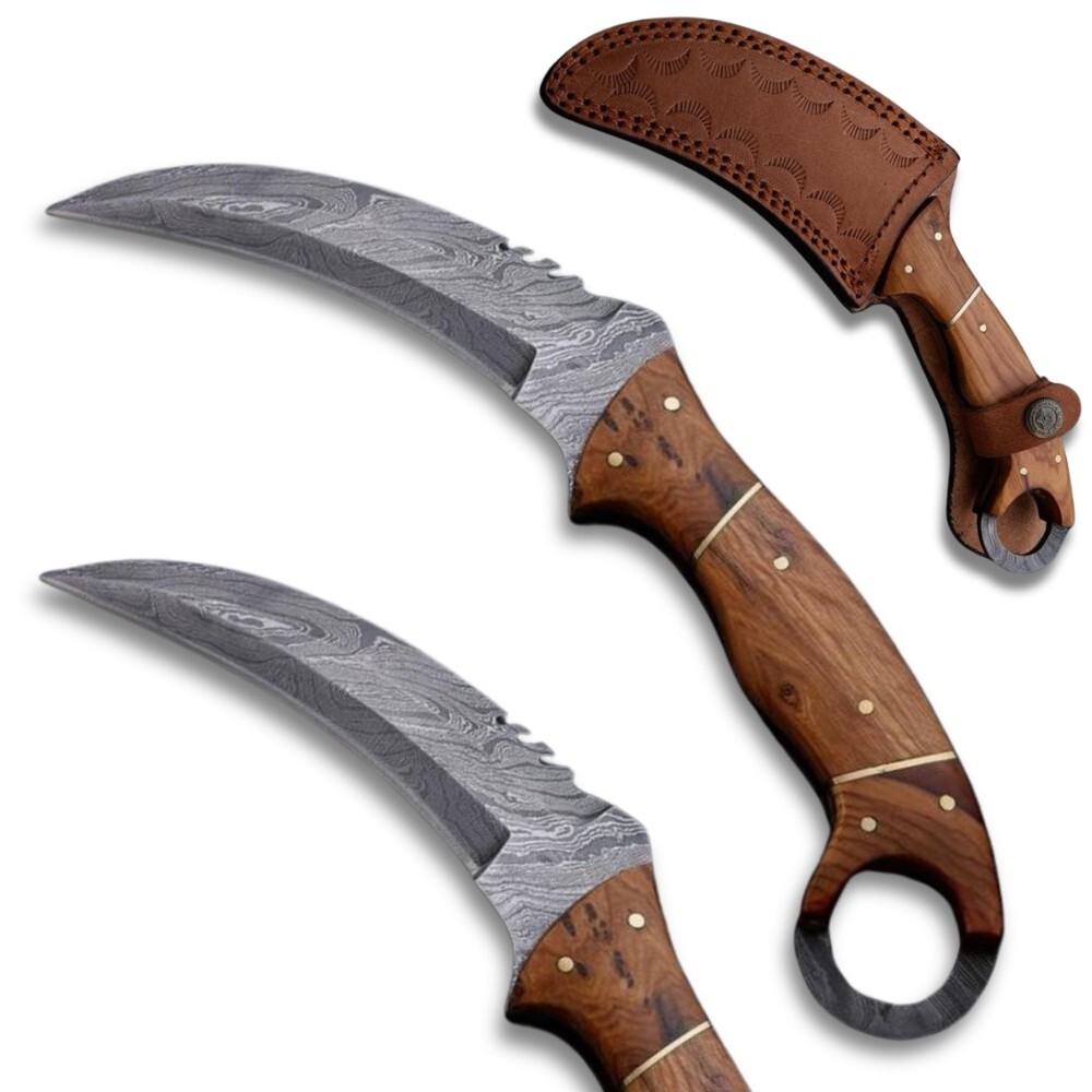 Handmade Damascus Steel Karambit Hunting Knife, With Leather Sheath