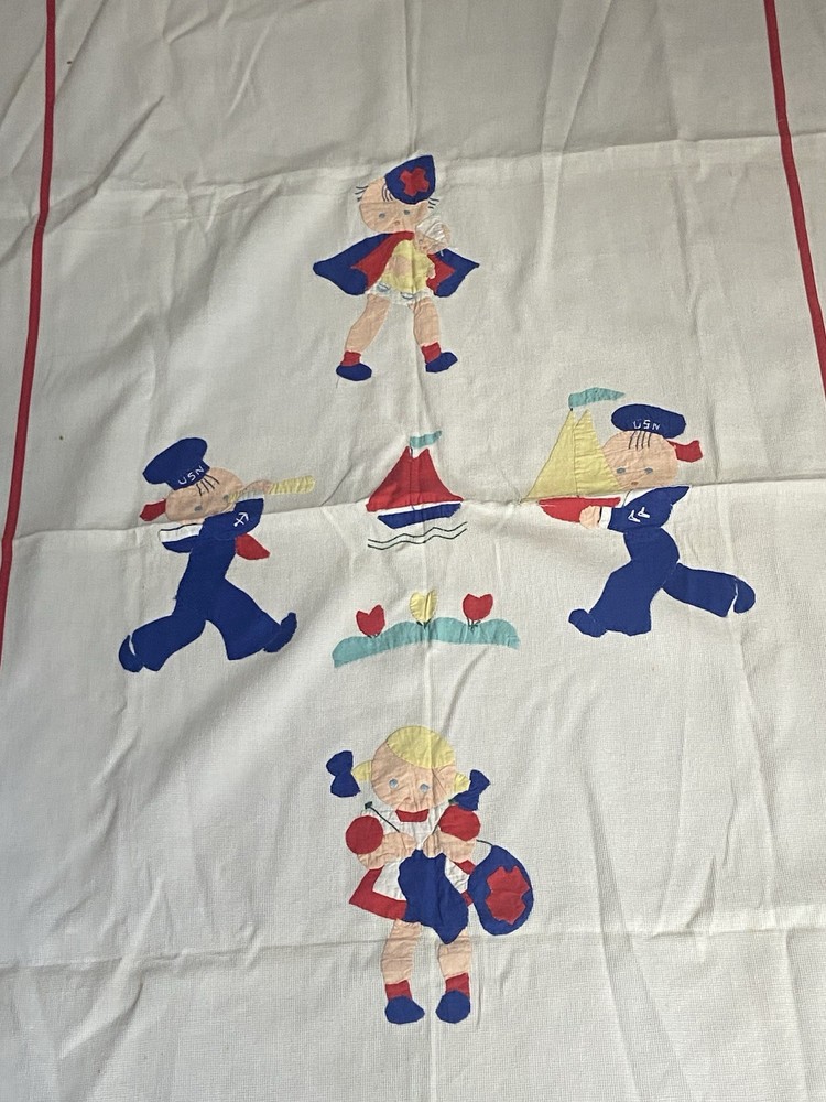 Vintage C1940 Handmade Baby Blanket US Navy Boy Candy Stripper Nurse Patchwork