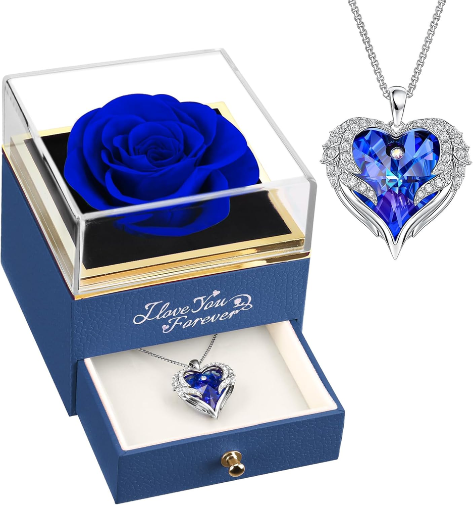 Preserved Real Blue Rose with Angle Wings Necklace, Anniversary Birthday Gifts f