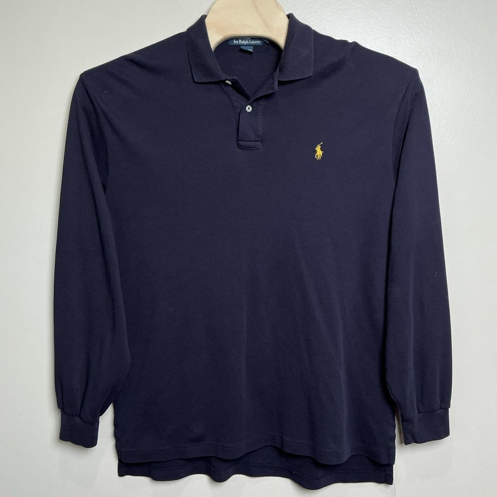 Polo Ralph Lauren Long Sleeve Polo Shirt Mens XL Navy Yellow Pony