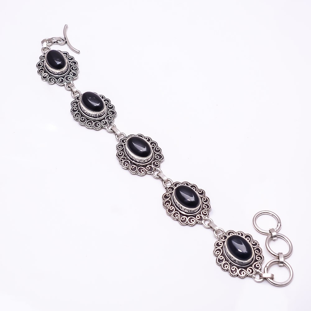 Black Onyx Oxidised Sterling Silver Bracelet 8.99 Inch B6