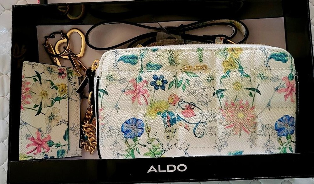 Aldo Floral Wallet Purse with Strap Heart Keychain New in Box