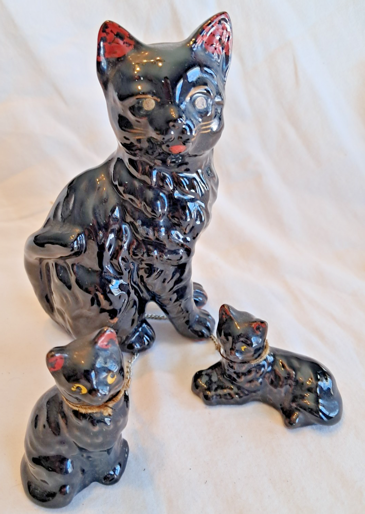 Vintage Black Cat Family Redware Japan Ceramic Set 1950s