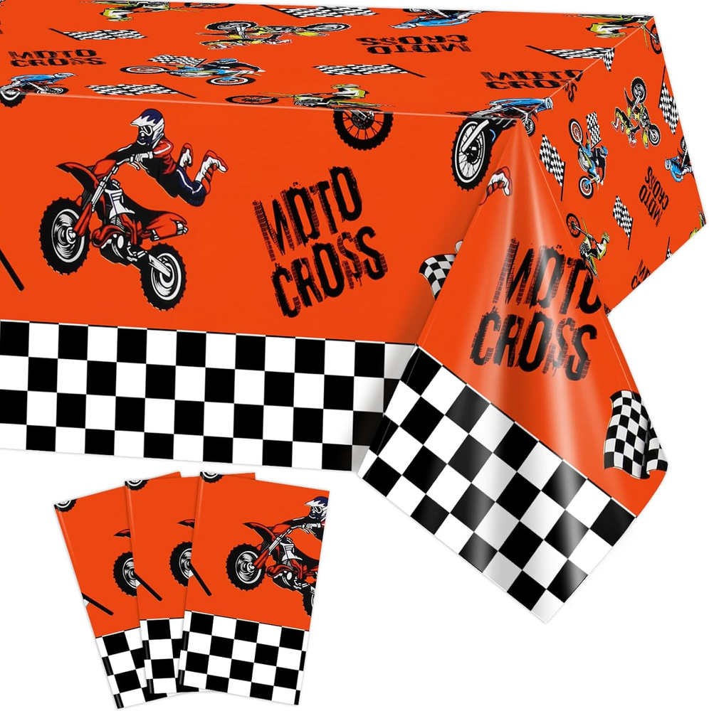 PHOGARY 3Pcs Dirt Bike Table Cloth for Boys Men Birthday Party Decorations, Chec