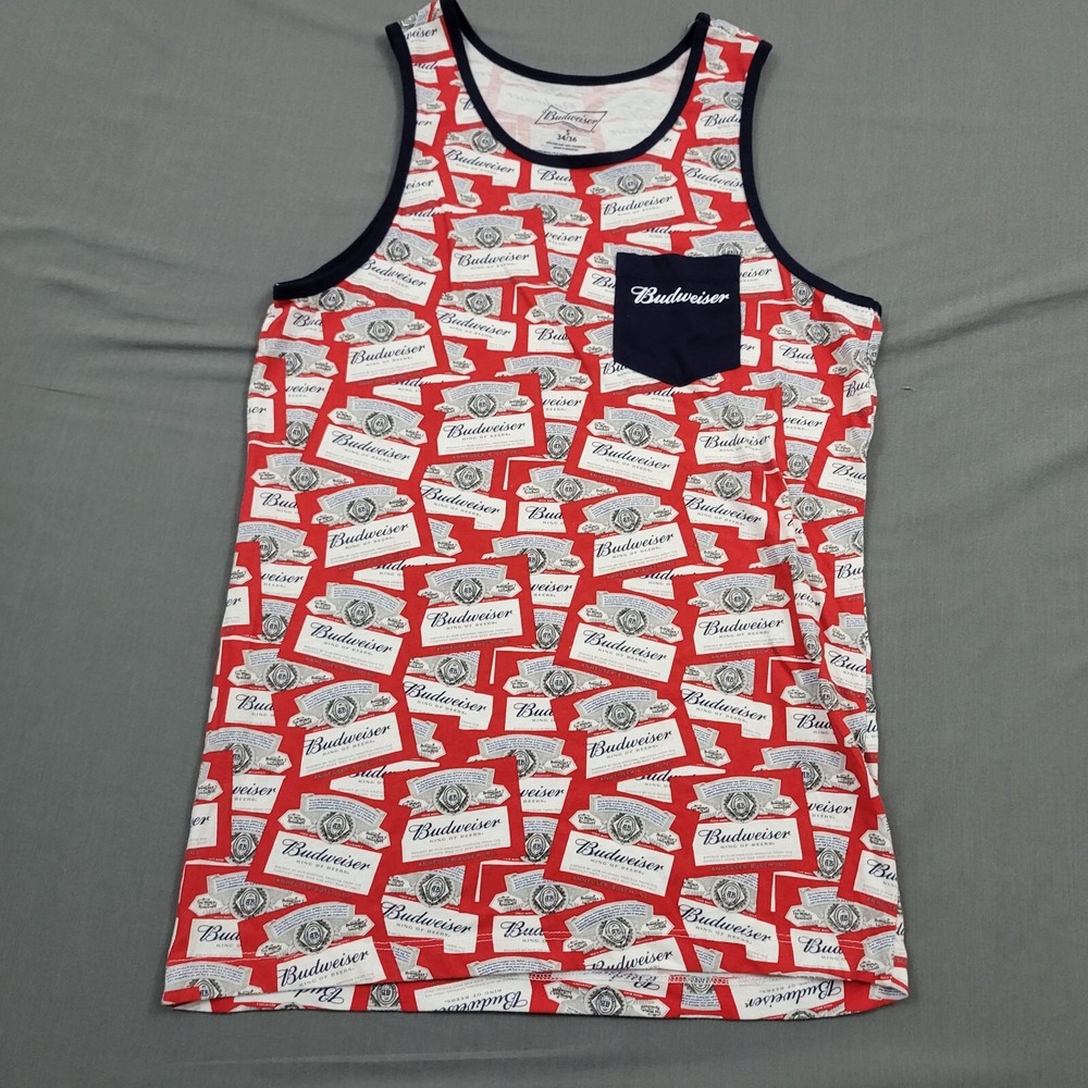 Camisa Budweiser Para Hombres Pequeña S Sin Mangas Logo Cerveza Bolsillo Tanque Tejido Pullover Rojo