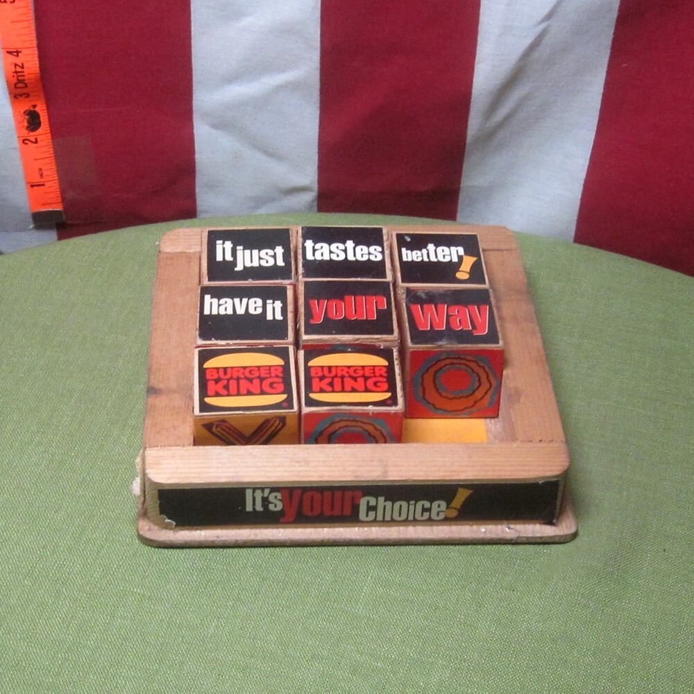 BURGER KING vtg wood cubes Have it Your Way puzzle toy Whopper '70s tic tac toe