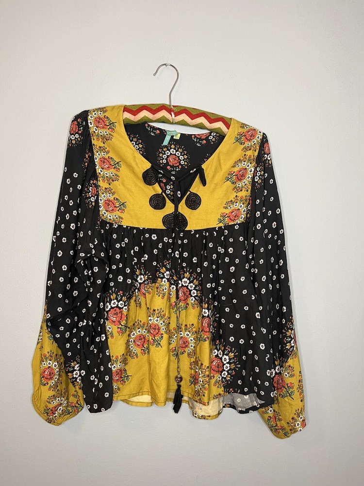 Farm Rio Anthropologie Top Sz S Intarsia Floral Peasant Yellow Black Long Sleeve