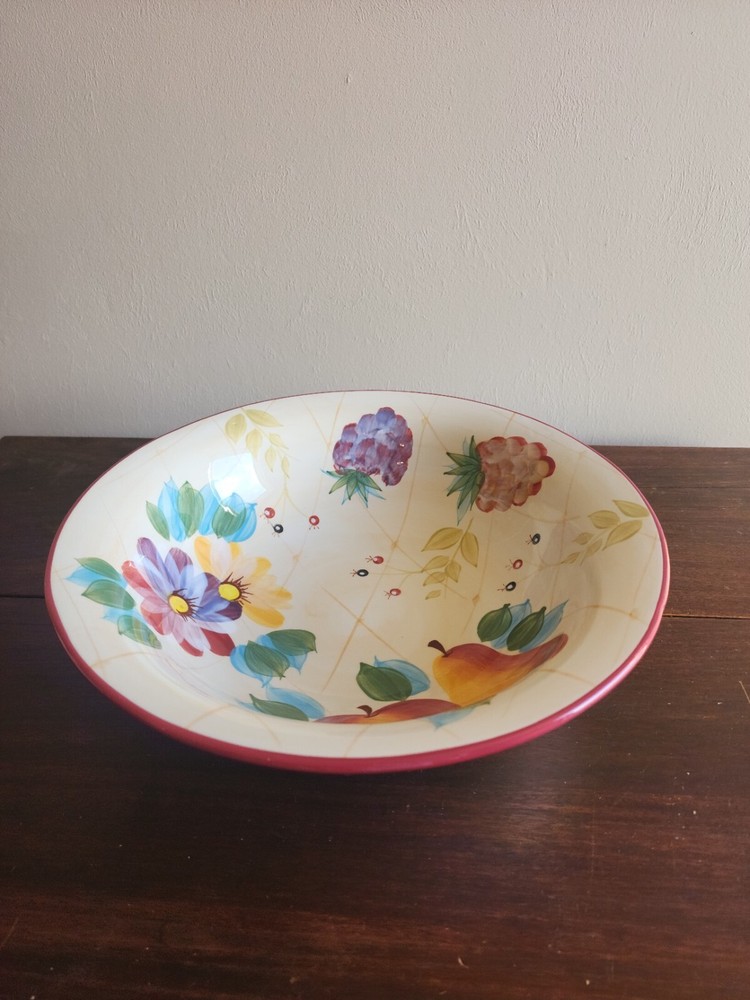 Vintage Floral Fruit Ceramic Serving Bowl with Red Trim
