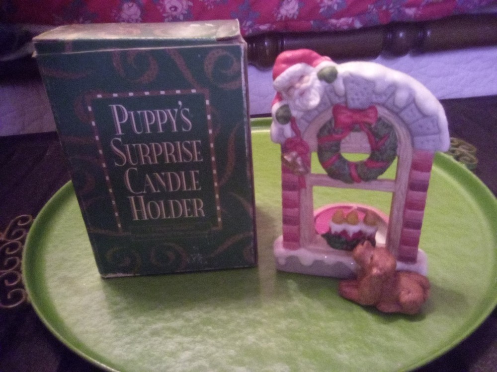 Vintage Hand-Painted Ceramic Puppy Surprise Holiday Candle Holder