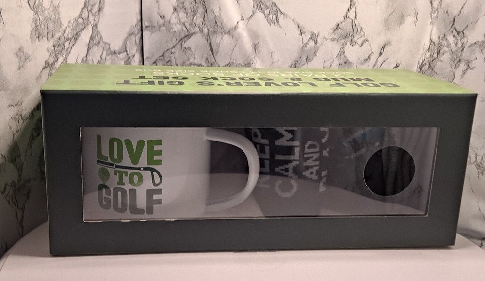 White Golf Lovers Gift Set with Coffee Mug and 2 Pairs Socks NIB