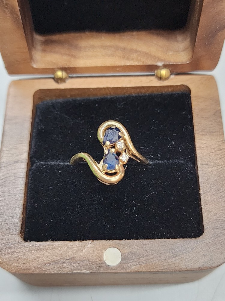 10K Yellow Gold, Sapphire & Diamond Ring, Size 6.5, Lab Created