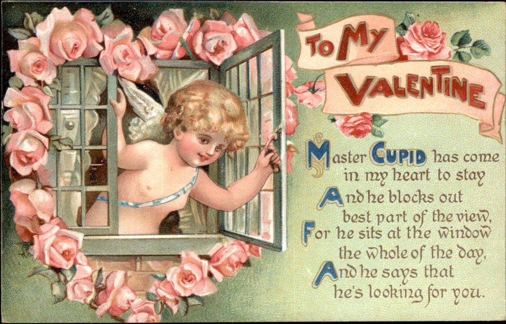 Valentine Cupid Searches for Love from Window Embossed Vintage Postcard