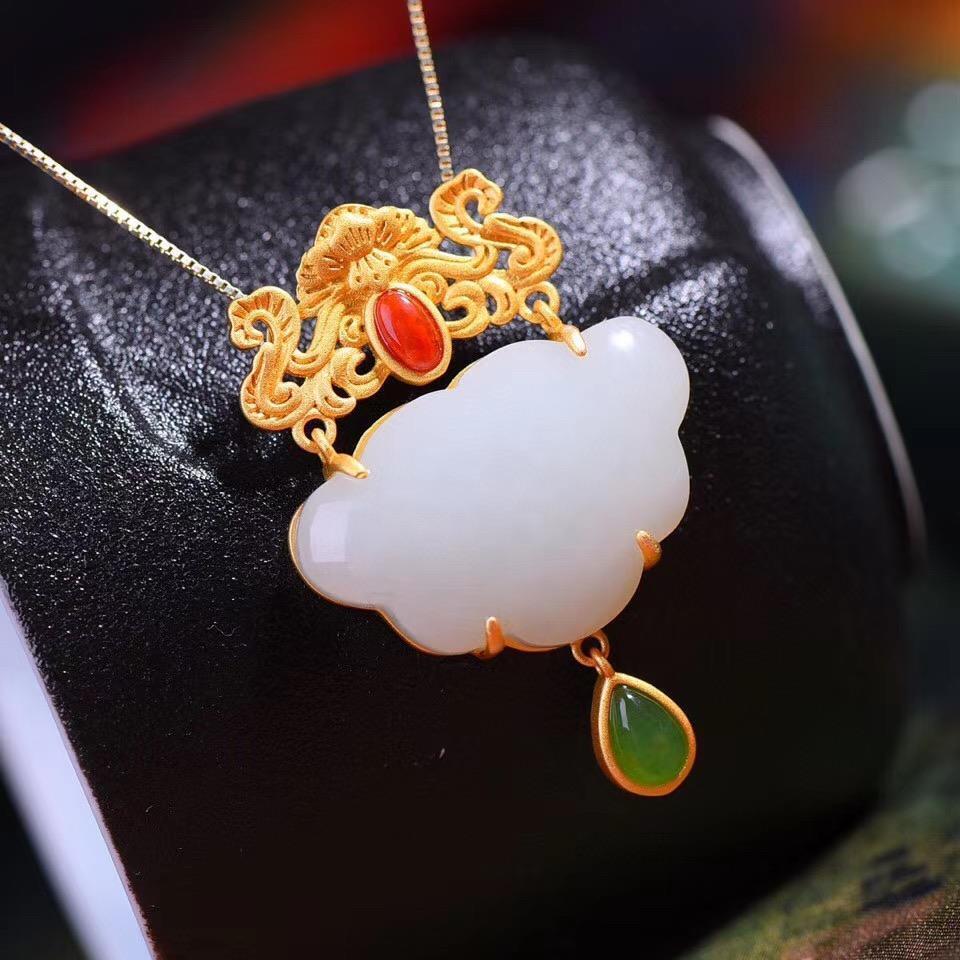 White Jade Ruyi Pendant Necklace in 925 Silver with Natural Chalcedony