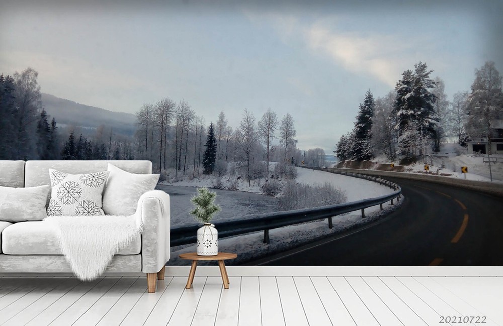 3D Snow Forest Highway Nature Scenery Wall Murals Wallpaper Murals Wall Sticker