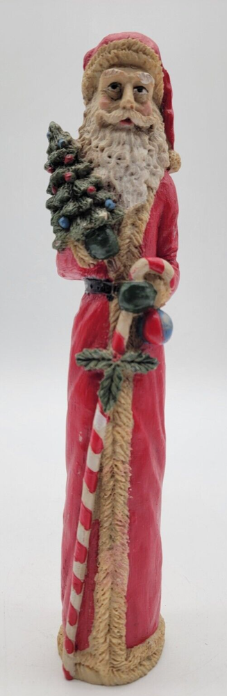 Pencil Slim Santa Claus w/ Tree & Candy Cane 10” Folk Art Christmas Figurine