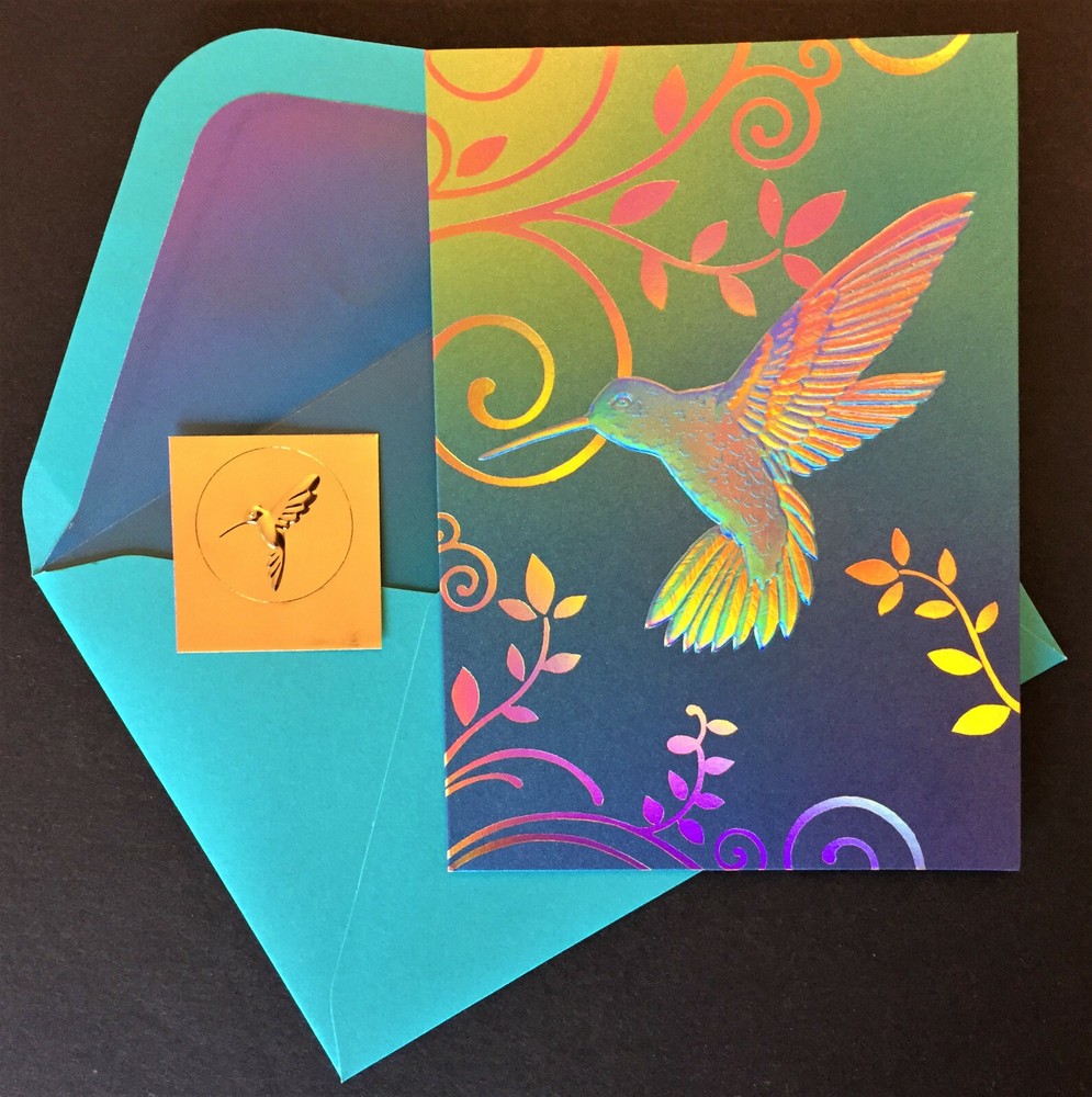 *ONE* Papyrus Blue Iridescent Hummingbird Blank Note Card Gold Seal Foil Spring