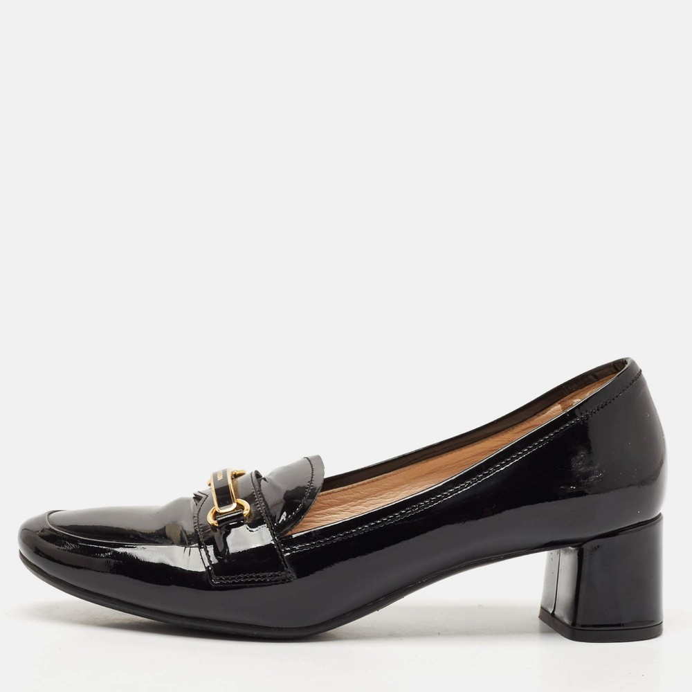 Prada Black Patent Leather Block Heel Loafer Pumps Size 37.5 EU