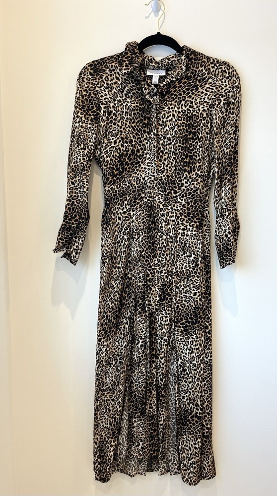 Topshop Brown Animal Print Long Sleeve Button Front Split Maxi Dress Size 0