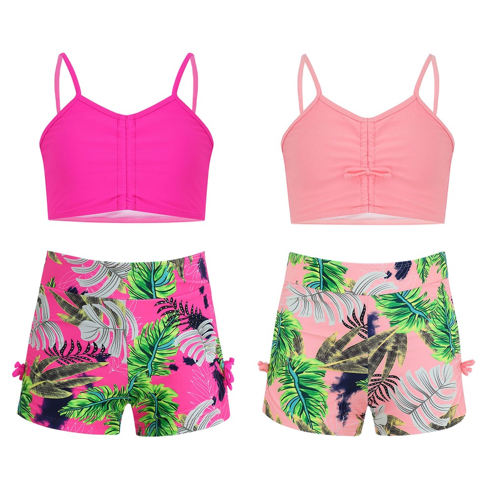 Kids Girls Bathing Suit And Shorts Swim Set Rash Guard Swimsuit Print Beachwear