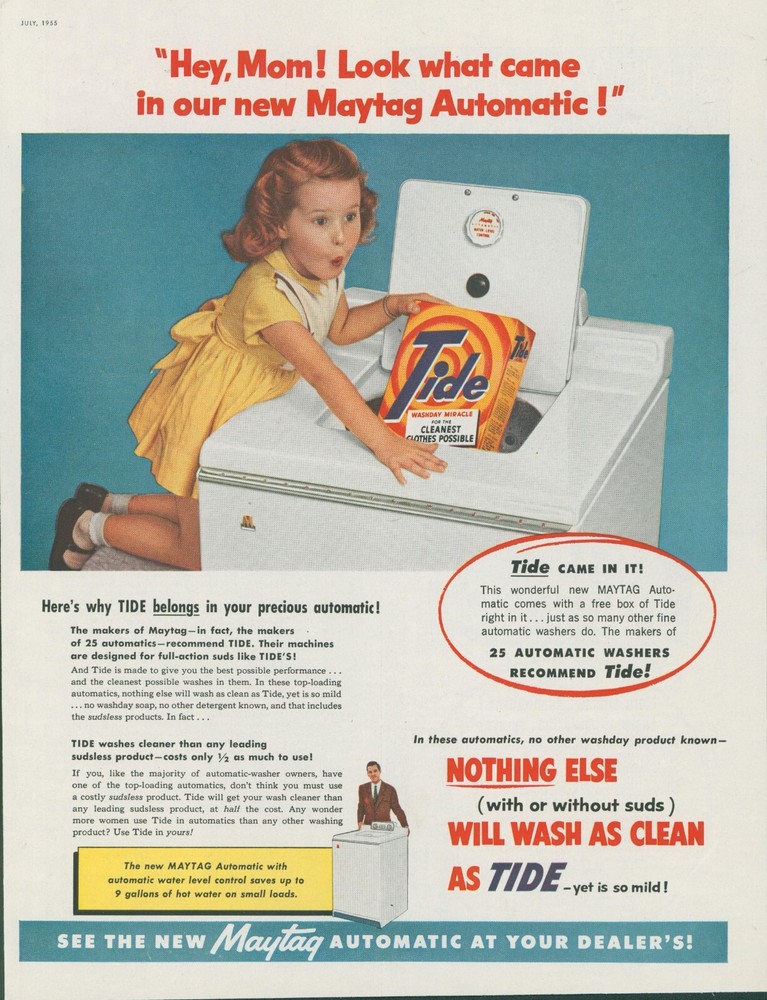 1955 Maytag Automatic Washer Tide Detergent Wash Clean Vintage Print Ad LHJ4