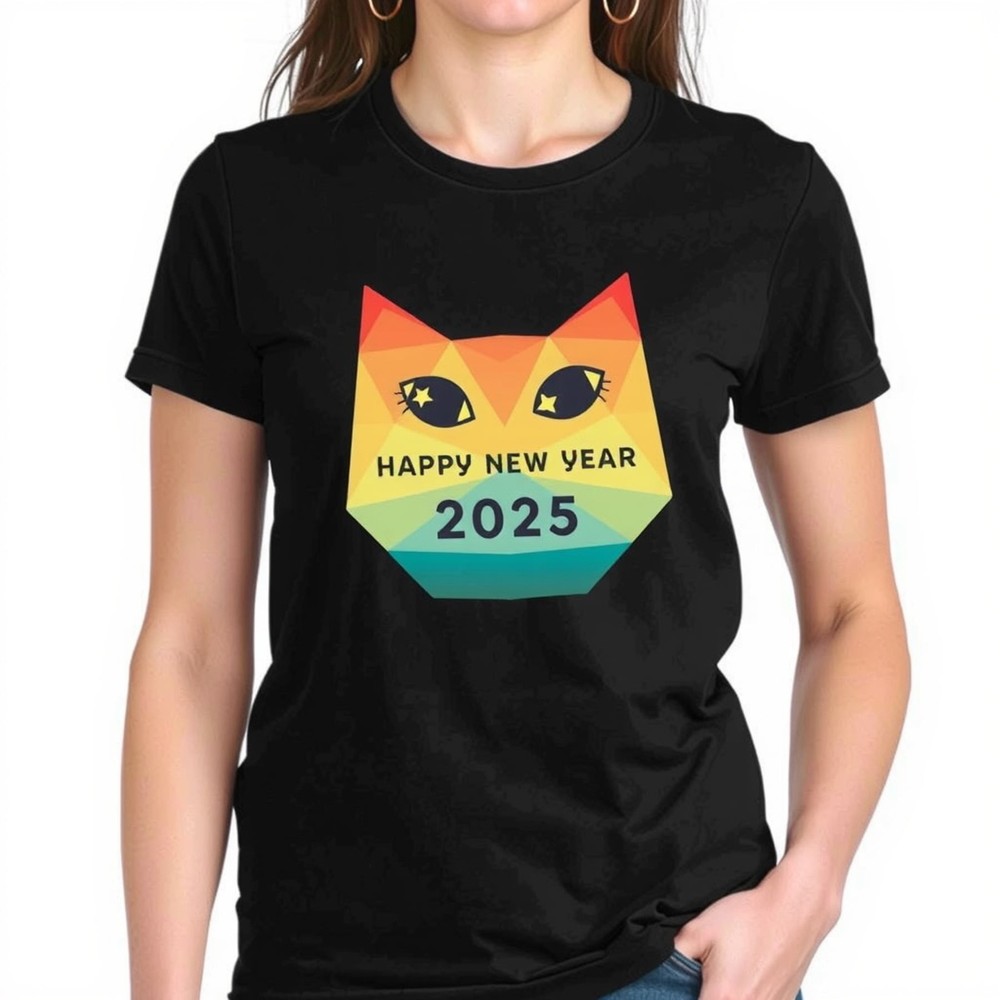 Vibrant Geometric Cat Face Black T-Shirt with Rainbow Colors & 'Happy New Yean