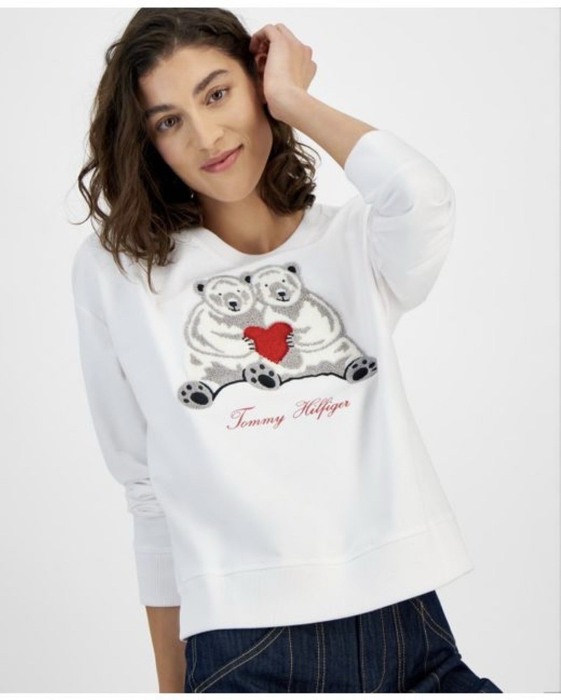 Tommy Hilfiger Women's Oversized Polar Bear Graphic Chenille Sweater in White