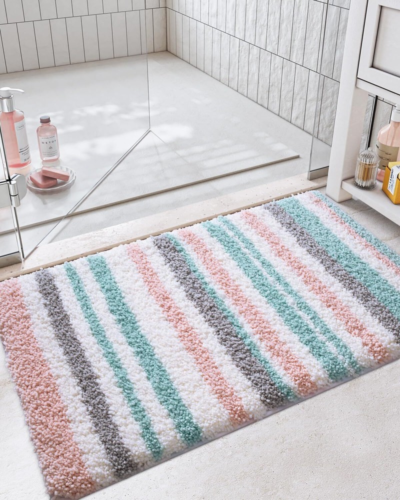 Pink Striped Bathroom Rugs Super Soft Absorbent Microfiber Mat