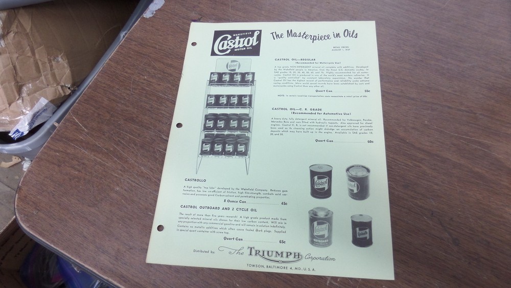 Vintage 1957 Castrol Oil Triumph Dealer Price Sheet Retro Collectible