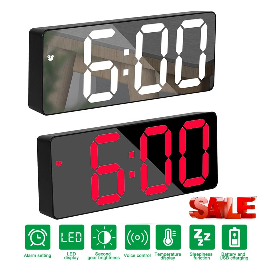 Modern Digital LED Alarm Clock – Large Mirror Screen, USB Powered, Snooze, Tempe