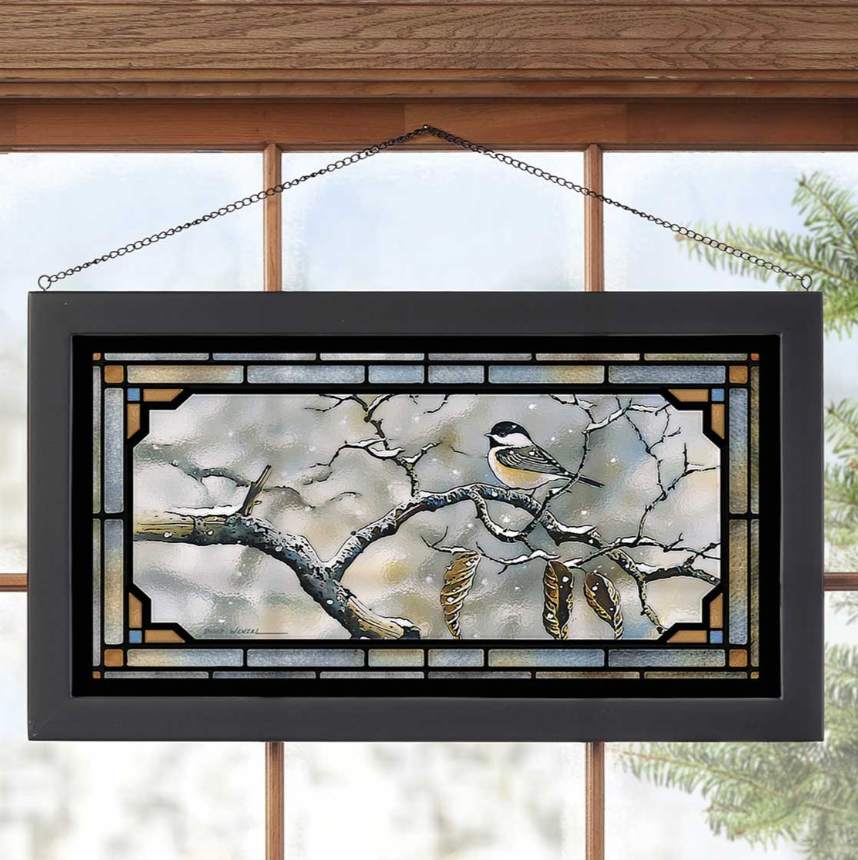 Winter Chickadee Stained Glass Art - Fade-Resistant Nature-Inspired Wall Decor.