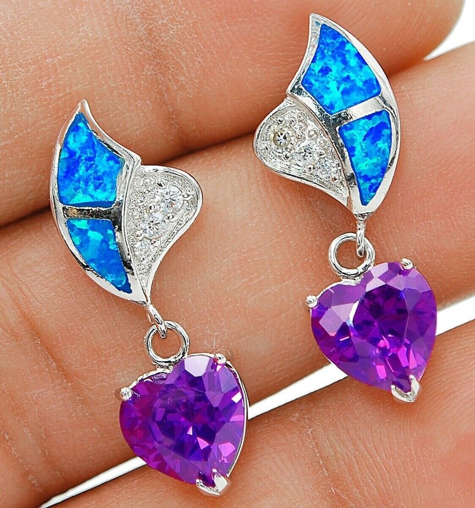 2CT Amethyst & Australian Opal Inlay 925 Sterling Silver Earrings Jewelry EO4
