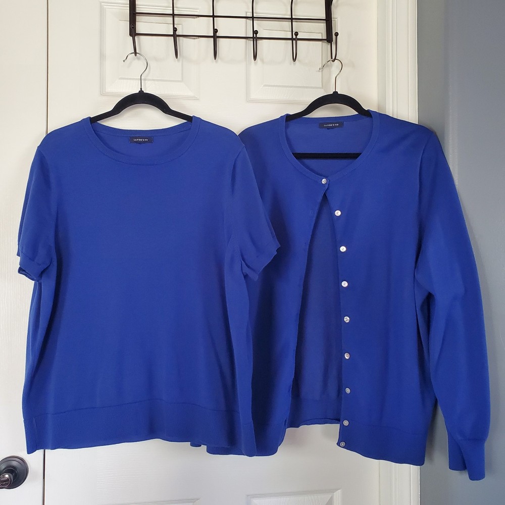Lands End Blue Knit Sweater Cardigan Set XL Pullover & Button-Up
