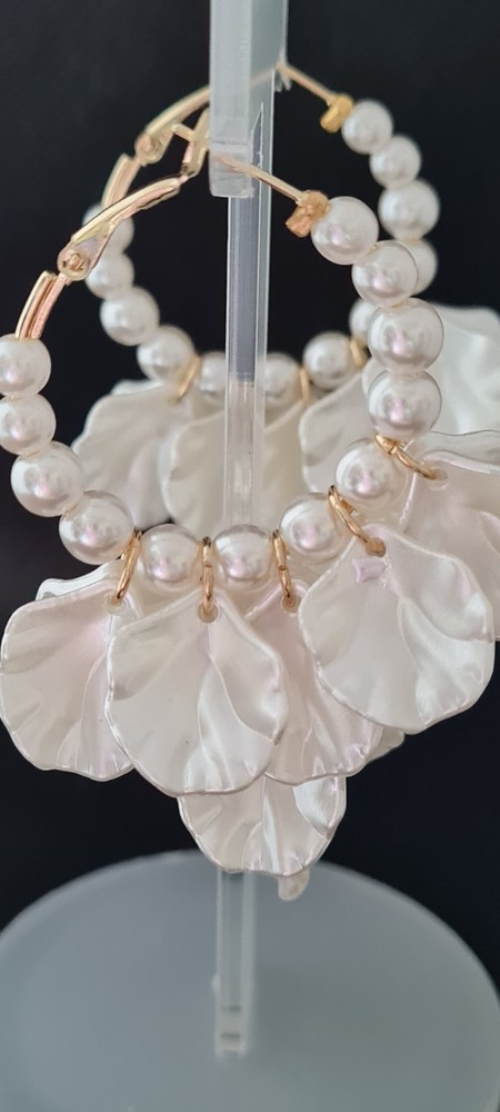Faux Pearl Hoop Earrings with Gold Tone Acrylic Shell
