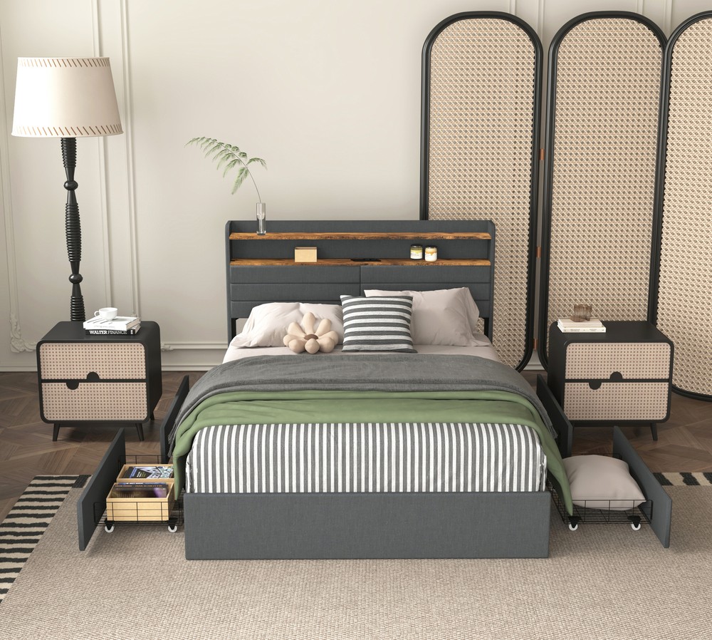 Upholstered Full Bed Frame with 4 Storage Drawers - Platform Base-image