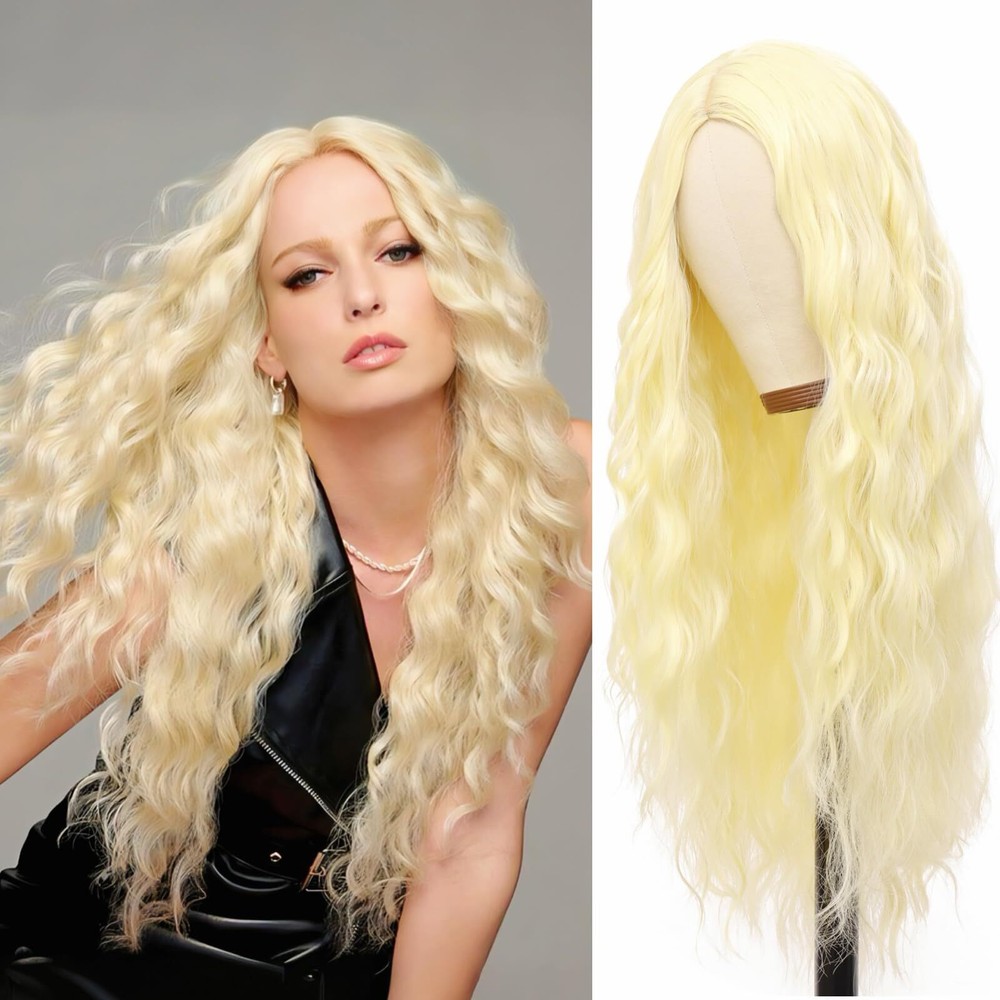 Blonde Wigs for Women 30 Inch Long Wavy Wig Glueless Middle Part Curly Wavy W...