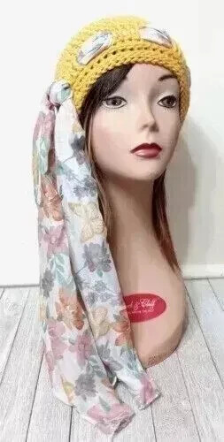 Handmade Crochet Flower Scarf and Beanie Set for Women Autumn Yellow Chemo Hat USA Made  