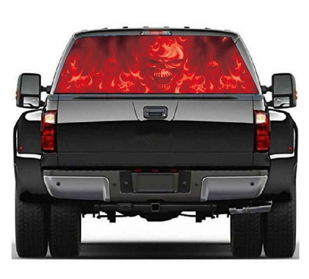 Sticker Decal Trim Rear Window Car SUV Pickup Red Flaming Skull Vinyl Graphic