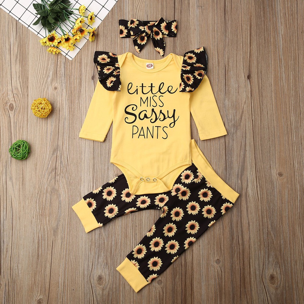 Infant Baby Girl Outfit Sunflower Romper Pants Headband Fall Autumn Clothes Set