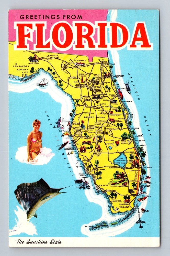 FL-Florida, General Greetings Landmarks Map, Vintage Postcard